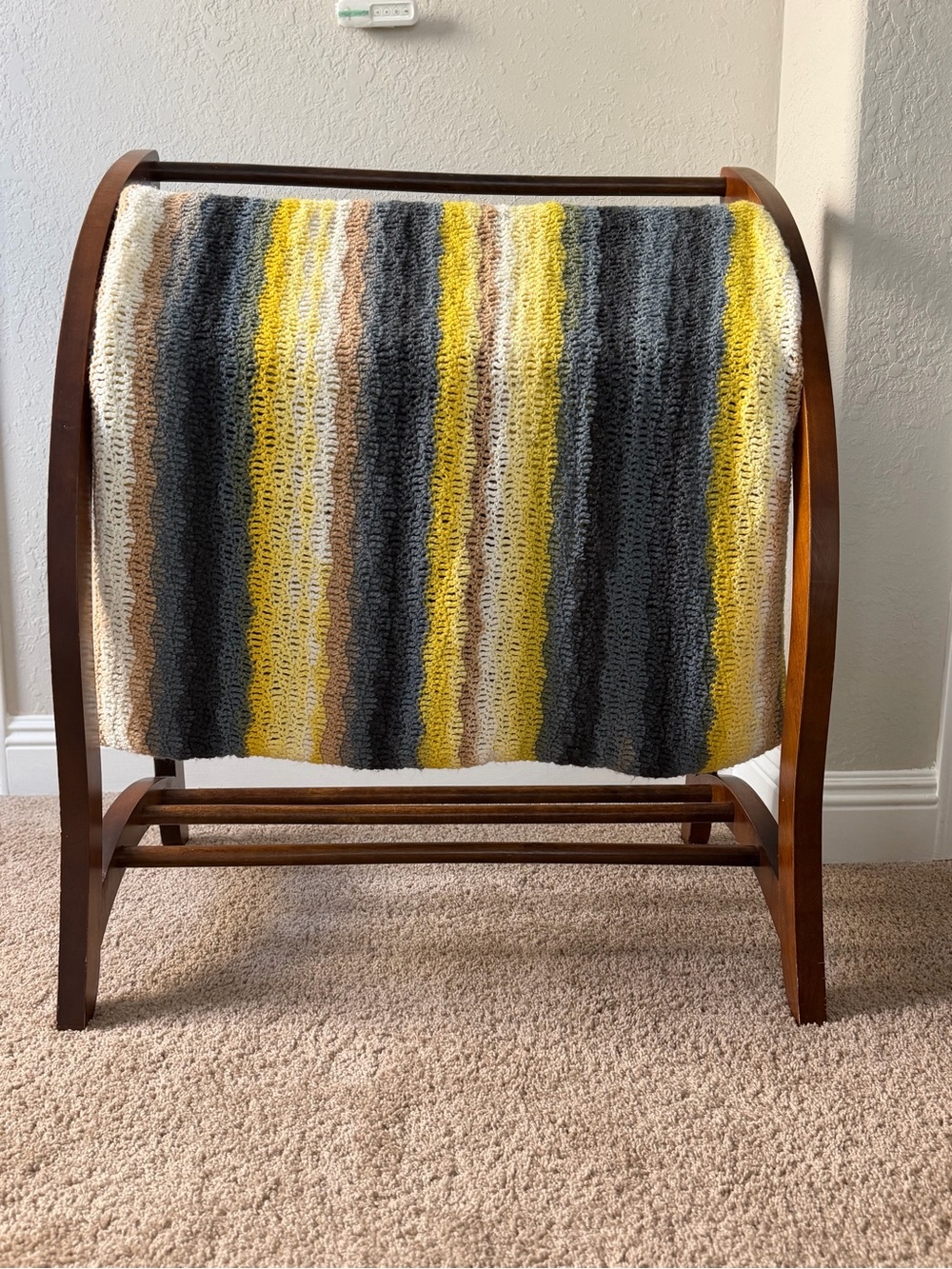 Handmade Crochet Striped Throw Blanket Yellow Gray Cream